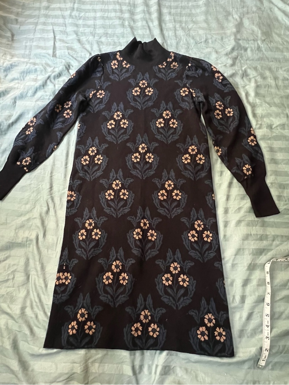 Vintage Ann Taylor Black Knit Turtleneck Midi Dress with Blush Floral Motif